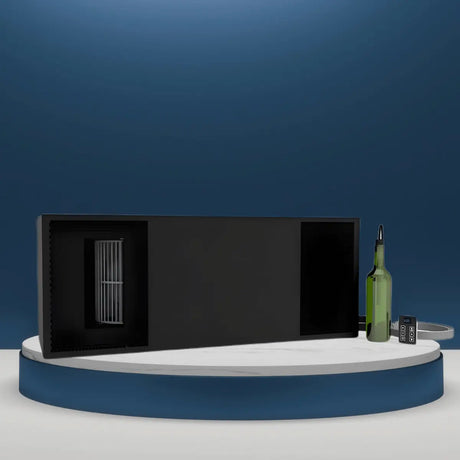WhisperKOOL ceiling-mount wine cellar cooling unit collection with vent grille, digital controller, and bottle displayed in a modern studio setting.