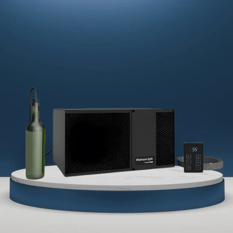WhisperKOOL Platinum Series wine cellar cooling unit Collection with textured grille, bottle probe, and digital controller in a modern studio display.