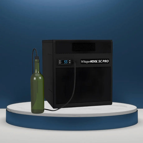 WhisperKOOL SC PRO wine cellar cooling unit collection with digital display and bottle probe shown on a modern studio platform for product showcasing.