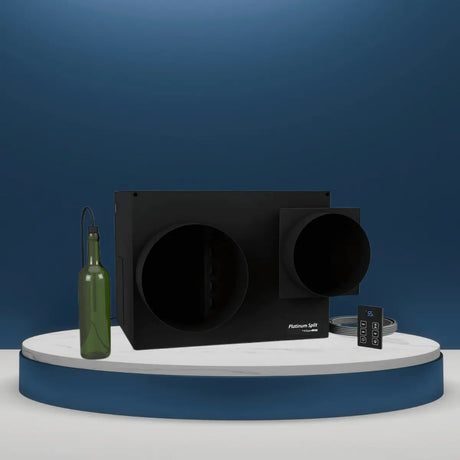 WhisperKOOL 220V High Efficiency wine cellar cooling unit Collection with dual duct openings, bottle probe, and digital controller in a modern studio display.