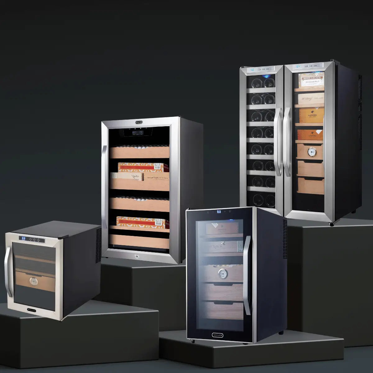 Whynter appliance collection featuring glass door wine coolers and cigar humidors with stainless steel design and digital climate controls