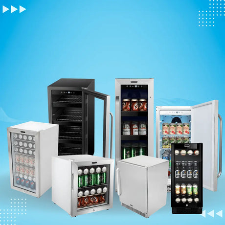Whynter beverage refrigerators collection with glass and solid doors, displaying canned drinks in compact and slim undercounter designs