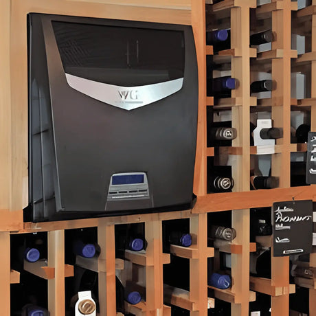 Wall-mounted wine cellar cooling unit installed within wooden wine racks for precise temperature control and wine preservation