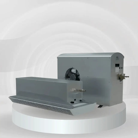 Wine Guardian ducted split cooling system for 1,000–2,000 cu. ft. wine cellars, showing evaporator and condenser units on a studio platform.