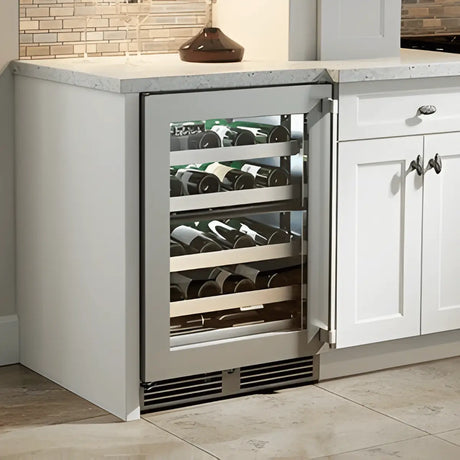 Built-in undercounter wine fridge with glass door and stocked shelves, ideal for storing 1–49 wine bottles in a modern kitchen setting.