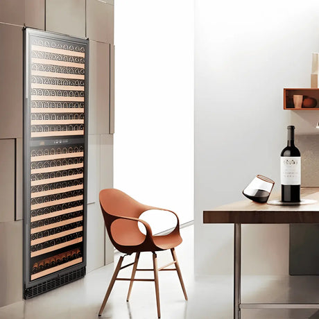 Tall high-capacity wine fridge with glass door and wooden shelves storing 200+ bottles, featured in a modern minimalist interior setting.