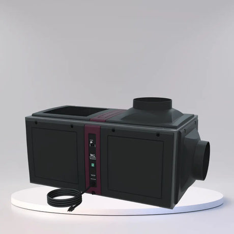 Wine Guardian ducted wine cellar cooling unit collection with dual duct connections and center control panel displayed on a modern studio platform.