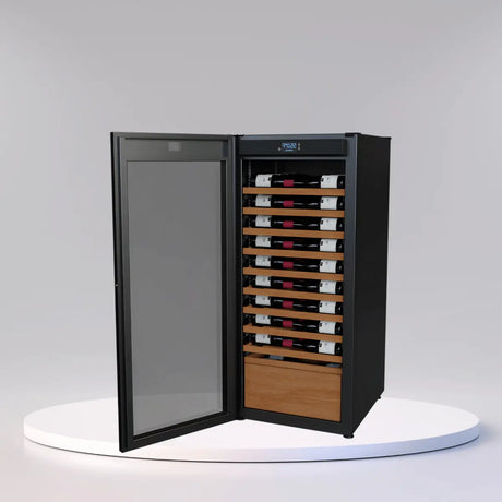 Wine Guardian luxury wine cabinet collection with open glass door, wooden shelves, and temperature display showcasing organized wine storage.