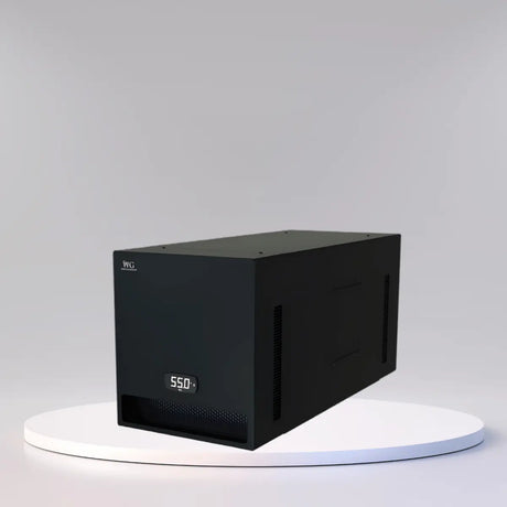Wine Guardian Through-the-Wall wine cellar cooling unit collection with sleek black design and digital display shown on a clean modern studio platform.