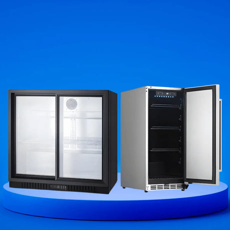 Commercial beverage refrigerators featuring a glass door display fridge and a stainless steel solid-door unit for professional drink storage.