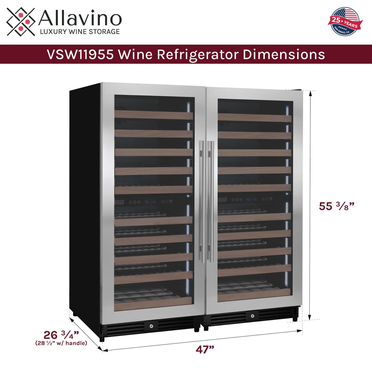 Allavino 238 Bottle 4-Zone Wine Refrigerator – Built-In Stainless Steel Wine Fridge Wine Coolers 2X-VSW11955D-2S Wine Coolers Empire