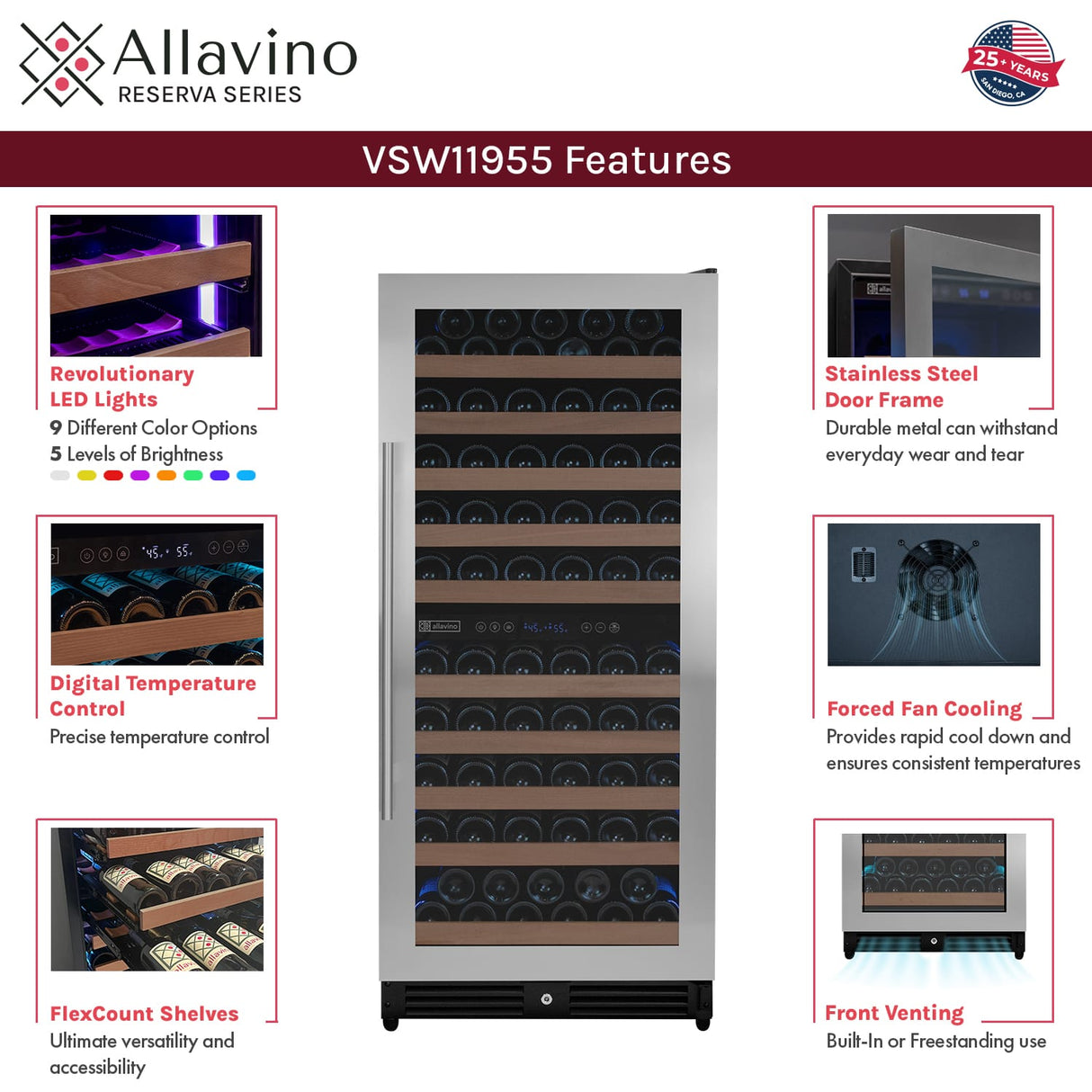 Allavino 238 Bottle 4-Zone Wine Refrigerator – Built-In Stainless Steel Wine Fridge Wine Coolers 2X-VSW11955D-2S Wine Coolers Empire
