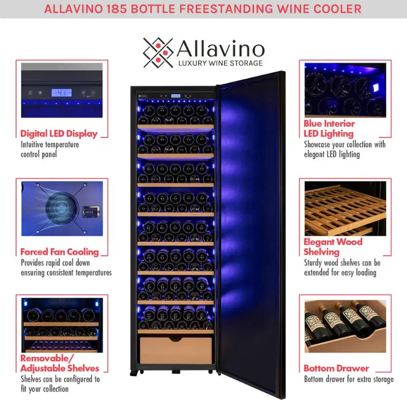 Allavino KWR-8185-1SDR 185 Bottle Single Zone Wine Vault with Solid Black Right Hinge Door Wine Coolers KWR-8185-1SDR Wine Coolers Empire