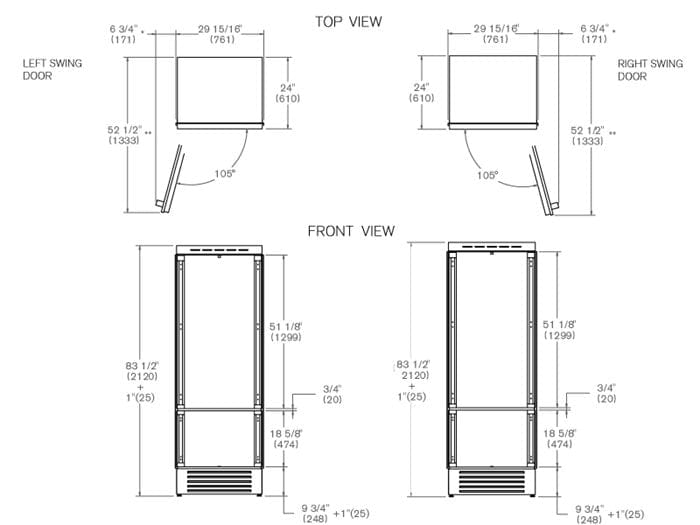 Bertazzoni 30 inch Left Door Built-In Bottom Mount Refrigerator With Ice Maker REF30BMBIPLT Refrigerators REF30BMBIPLT Wine Coolers Empire