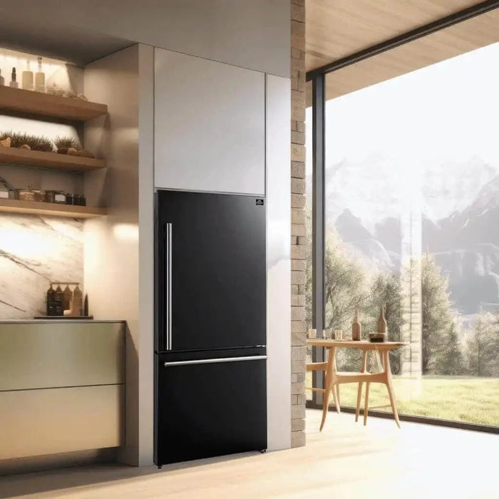 Black, built-in refrigerator.