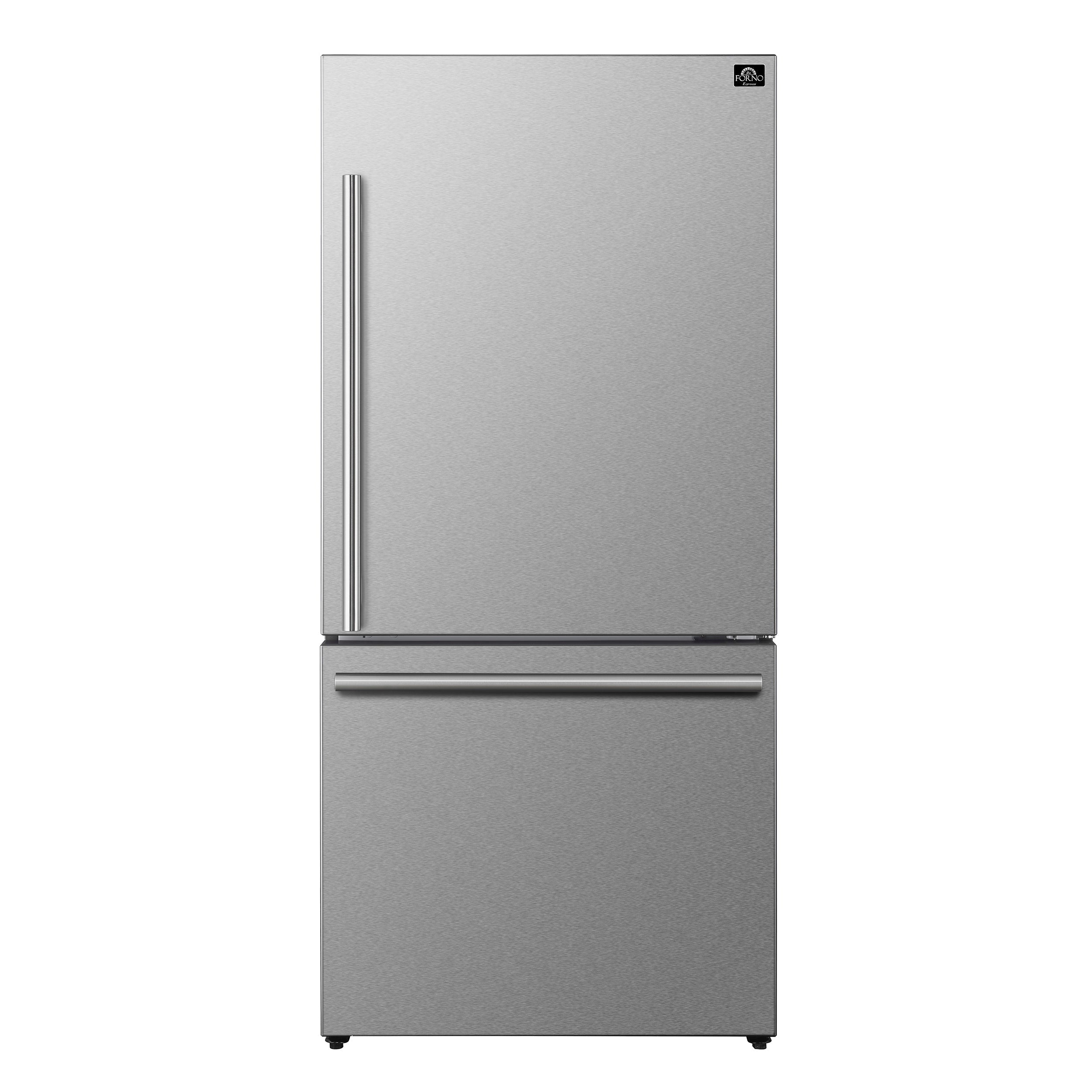 Forno Milano Espresso 31-Inch 17.2 cu. ft. Bottom Freezer Right Swing Door Refrigerator in Stainless Steel with Brass Handle  (FFFFD1785-31S) Wine Coolers Empire