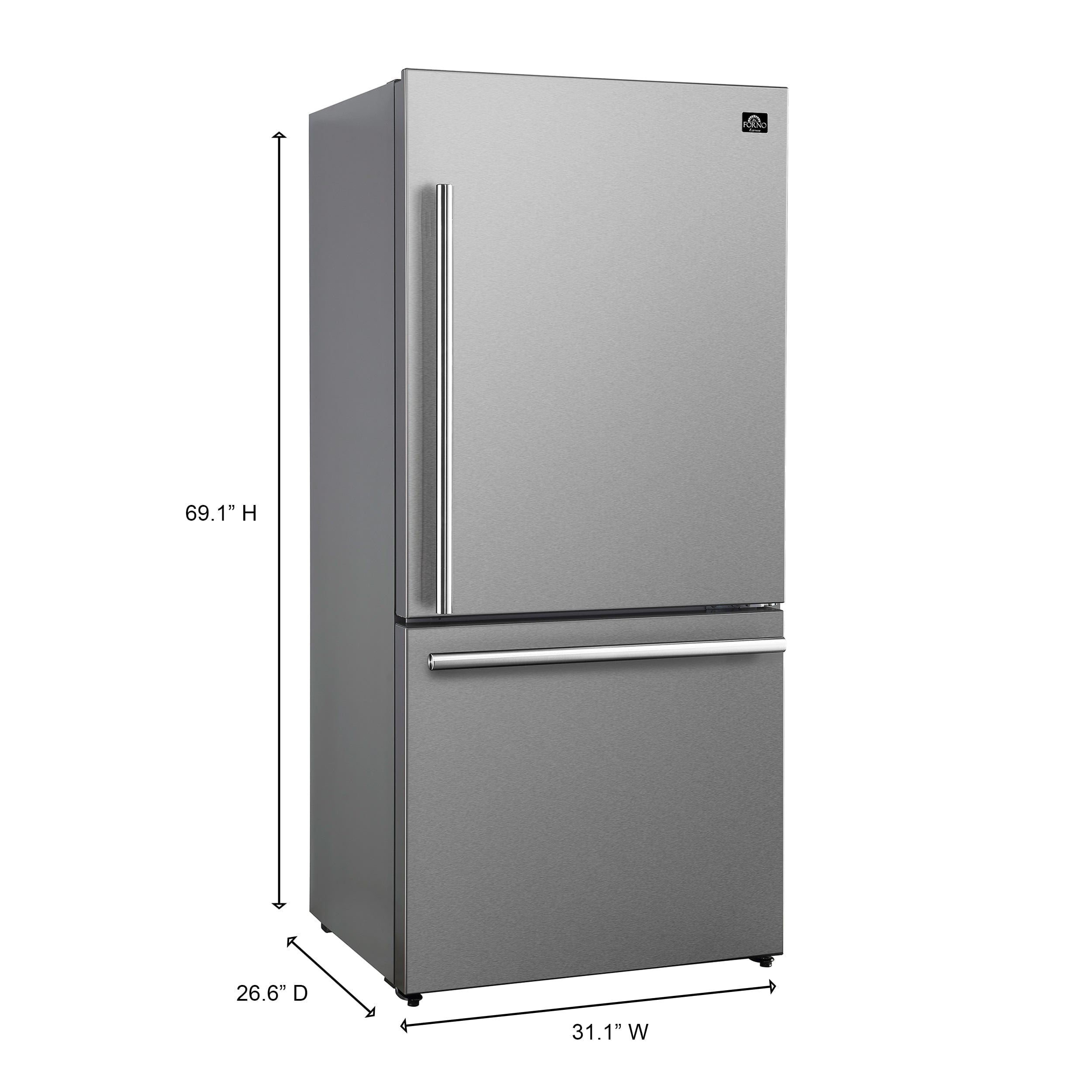Forno Milano Espresso 31-Inch 17.2 cu. ft. Bottom Freezer Right Swing Door Refrigerator in Stainless Steel with Brass Handle  (FFFFD1785-31S) Wine Coolers Empire