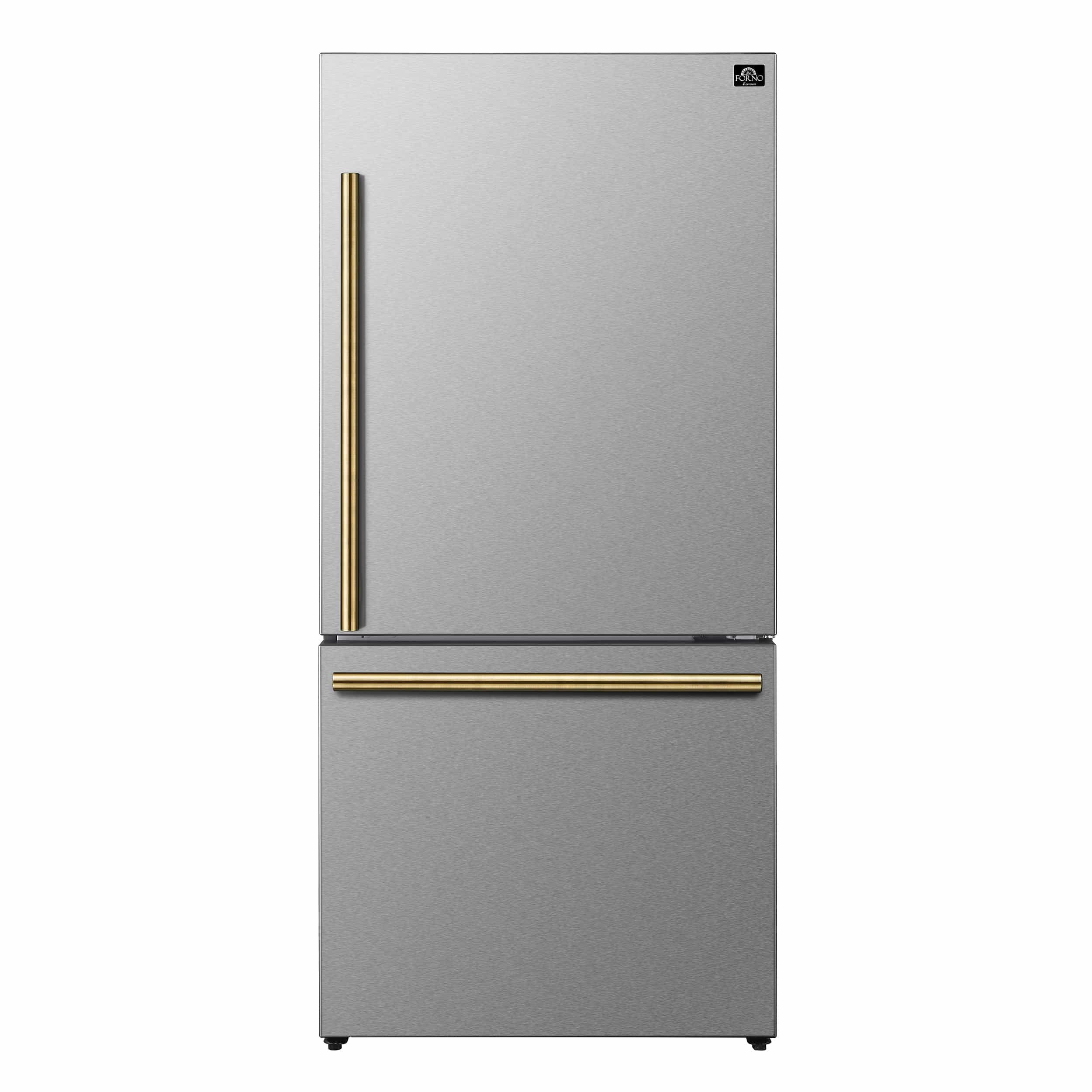 Forno Milano Espresso 31-Inch 17.2 cu. ft. Bottom Freezer Right Swing Door Refrigerator in Stainless Steel with Brass Handle  (FFFFD1785-31S) Wine Coolers Empire