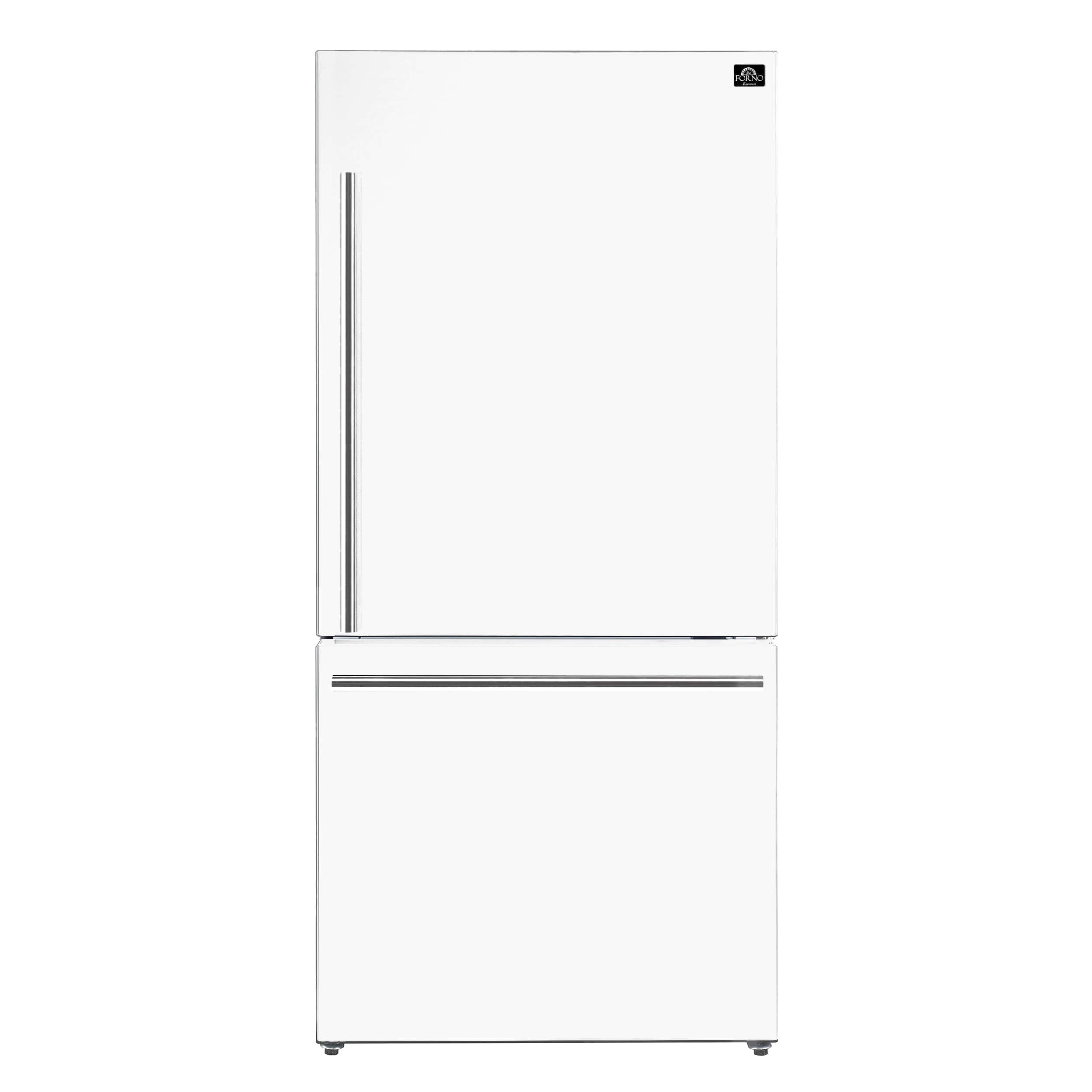 Forno Milano Espresso 31-Inch 17.2 cu. ft. Bottom Freezer Right Swing Door Refrigerator in White with Brass Handle (FFFFD1785-31WHT) Wine Coolers Empire