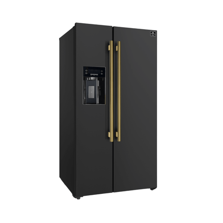 Forno Salerno Espresso 36" 20 Cu. Ft. Side-By-Side Refrigerator with Water and Ice Dispenser in Black with Antique Brass and Stainless Handles Refrigerators FFRBI1844-36BLK Wine Coolers Empire