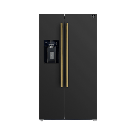 Forno Salerno Espresso 36" 20 Cu. Ft. Side-By-Side Refrigerator with Water and Ice Dispenser in Black with Antique Brass and Stainless Handles Refrigerators FFRBI1844-36BLK Wine Coolers Empire