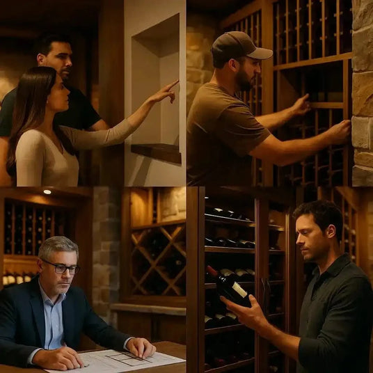 Four-panel collage of luxury wine cellar clients including homeowners, builders, designers, and collectors in warm wood-toned settings.