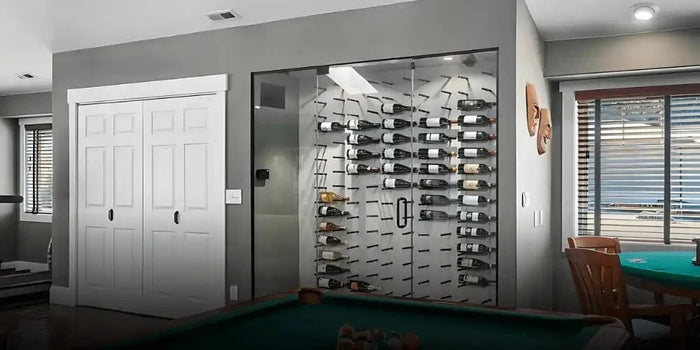 Glass-enclosed wine cellar.