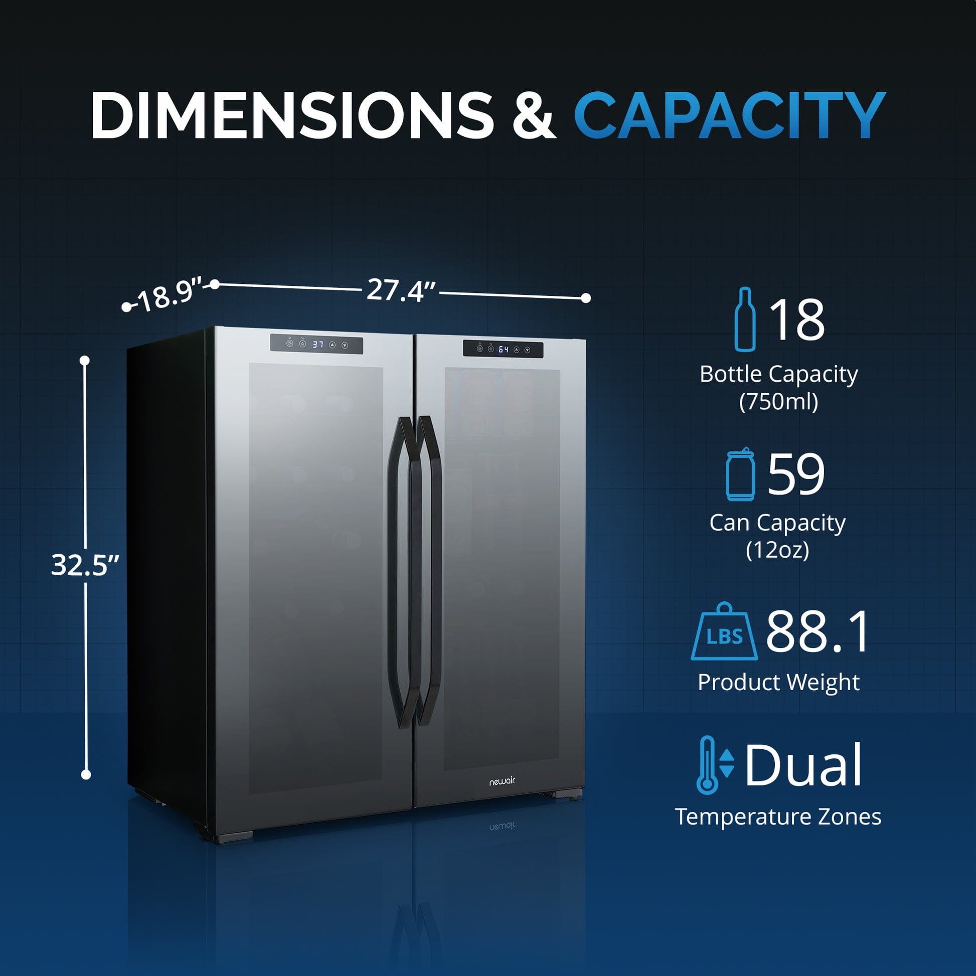 NewAir 59-Can 18-Bottle Dual Zone Freestanding Beverage Fridge