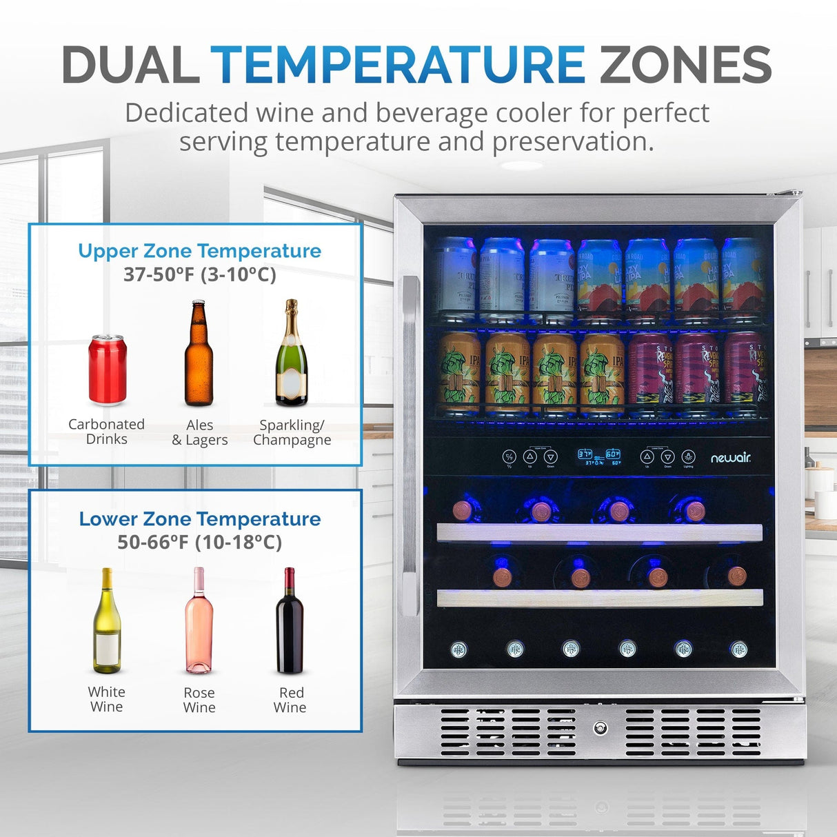 NewAir 70-Can Built-In Dual Zone Beverage Fridge AWB-400DB Beverage Centers AWB-400DB Wine Coolers Empire