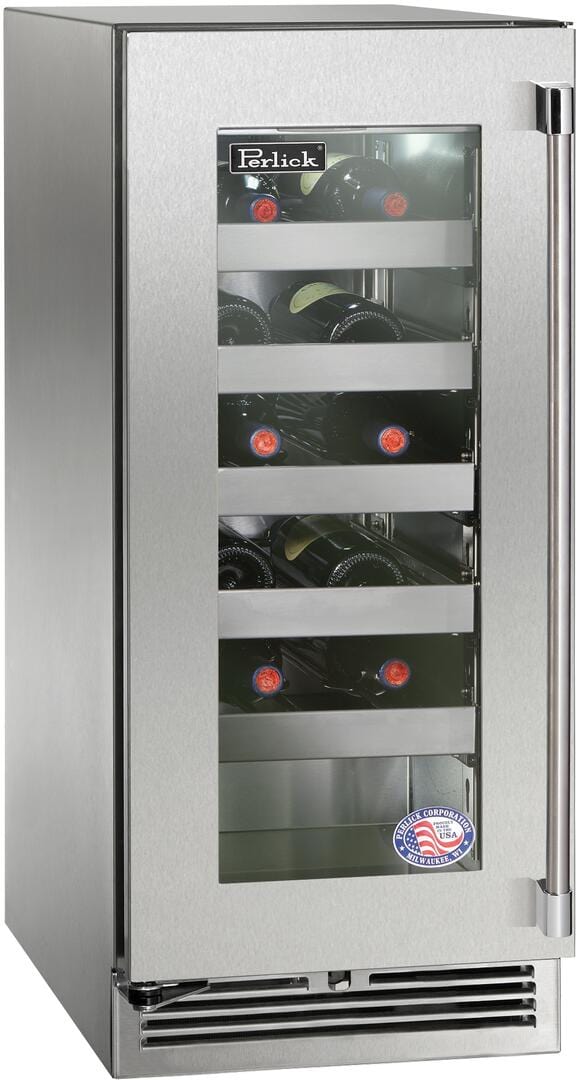 Perlick 15" Signature Series Built-In Wine Cooler with 20 Bottle Capacity Single Zone with Glass Door in Stainless Steel  (HP15WM-4-3) Wine Coolers Empire