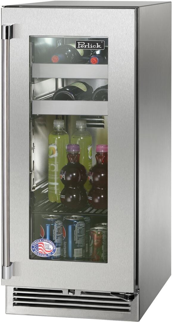 Perlick 15" Signature Series Outdoor Built-In Glass Door Beverage Center with 2.8 cu. ft. Capacity in Stainless Steel  (HP15BM-4-3) Wine Coolers Empire