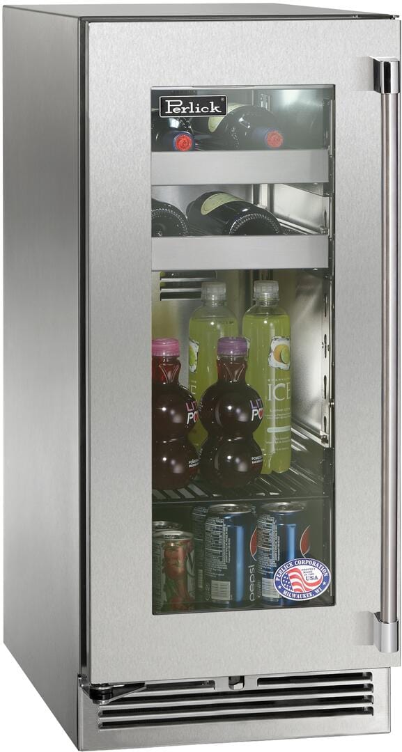 Perlick Signature Series 15-Inch Outdoor 2.8 cu. ft. Capacity Built-In Glass Door Beverage Center with 2.8 cu. ft. Capacity in Stainless Steel with Glass Door (HP15BO-4-3L & HP15BO-4-3R) Wine Coolers Empire