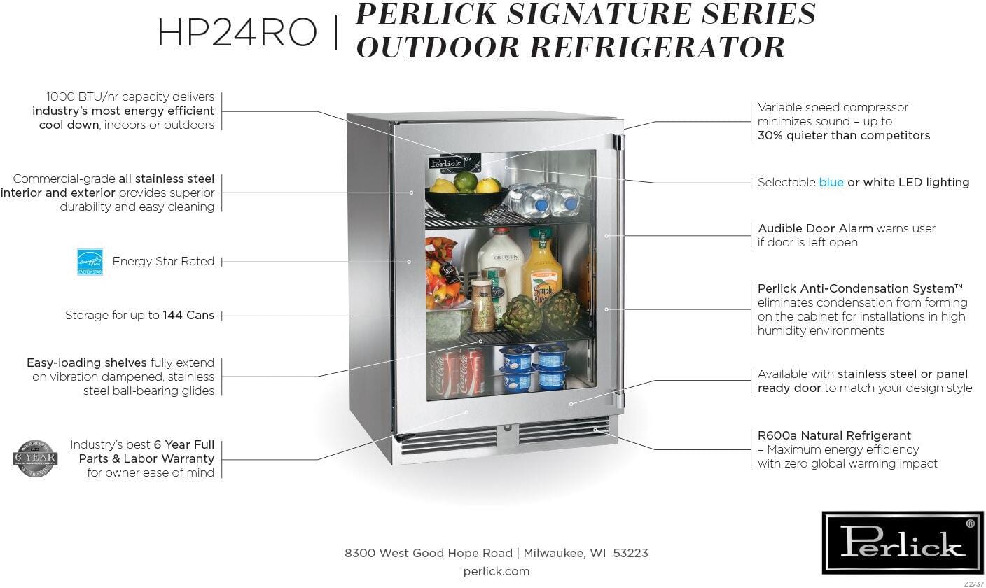 Perlick Signature Series 24-Inch Outdoor Built-In Counter Depth Compact Refrigerator with 5.2 cu. ft. Capacity in Stainless Steel and Glass Door (HP24RO-4-3L & HP24RO-4-3R) Wine Coolers Empire