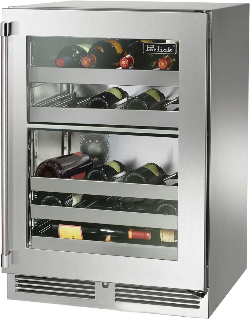 Perlick Signature Series 24-Inch Outdoor Built-In Dual Zone Wine Cooler with 32 Bottle Capacity in Stainless Steel with Glass Door (HP24DO-4-3L & HP24DO-4-3R) Wine Coolers Empire