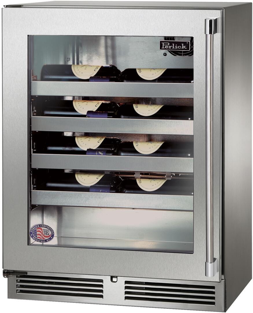 Perlick Signature Series 24-Inch Outdoor Built-In Single Zone Wine Cooler with 20 Bottle Capacity in Stainless Steel with Glass Door (HH24WO-4-3L & HH24WO-4-3R) Wine Coolers Empire