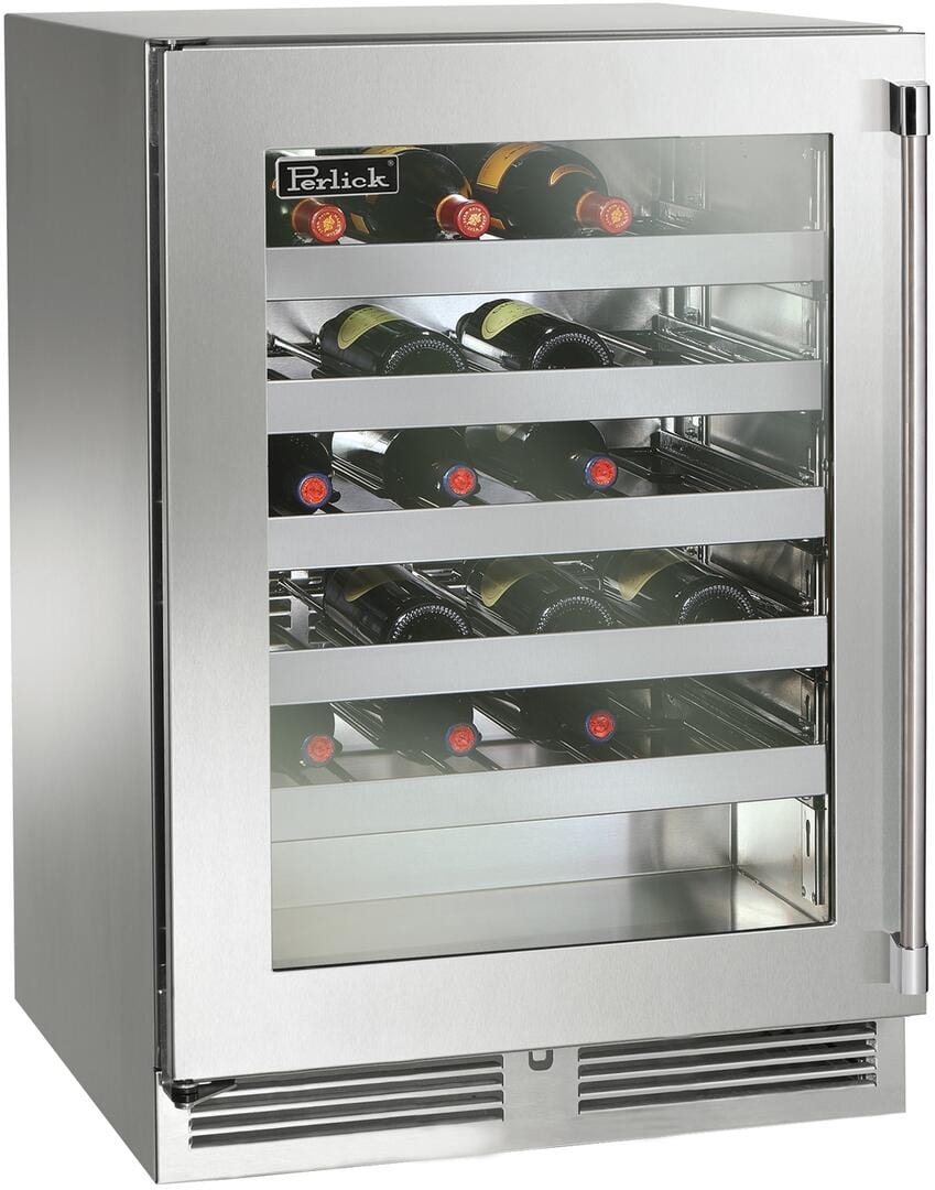 Perlick Signature Series 24-Inch Outdoor Built-In Single Zone Wine Cooler with 45 Bottle Capacity in Stainless Steel with Glass Door (HP24WO-4-3L & HP24WO-4-3R) Wine Coolers Empire