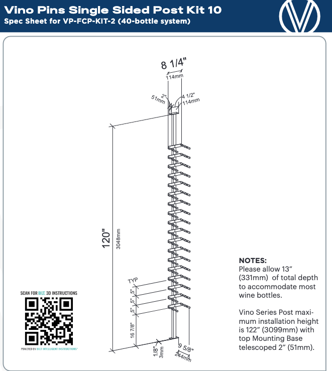Vino Series Pins Floating Wine Rack Frame Kit, Single Sided Floor-to-Ceiling (40 bottles - Double Depth) Wine Racks Wine Coolers Empire