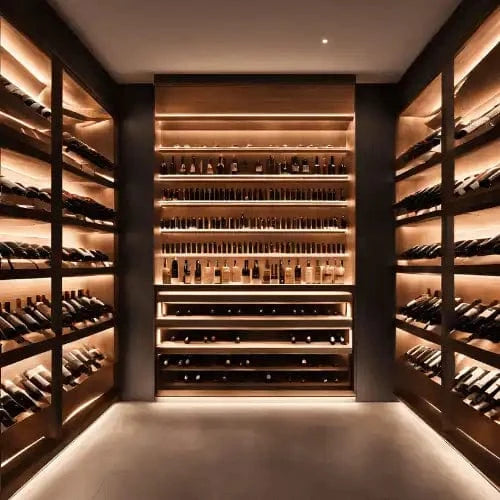 Well-lit wine cellar.