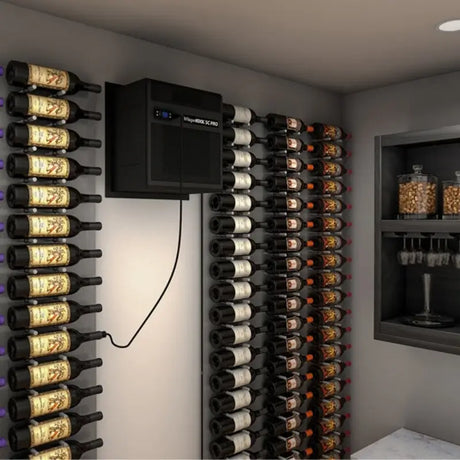 WhisperKOOL SC PRO 3000 installed in a wine cellar with wall-mounted wine bottle racks