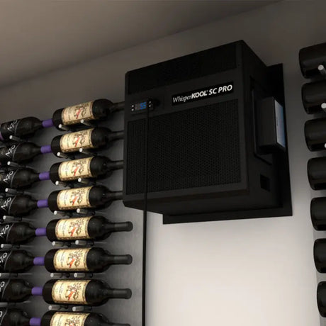 Close-up of WhisperKOOL SC PRO 4000 wall-mounted wine cellar cooling unit with digital controller and bottle probe