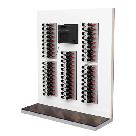WhisperKOOL SC PRO 4000 wall-mounted wine cellar cooling unit shown with multiple wall-mounted wine bottle racks